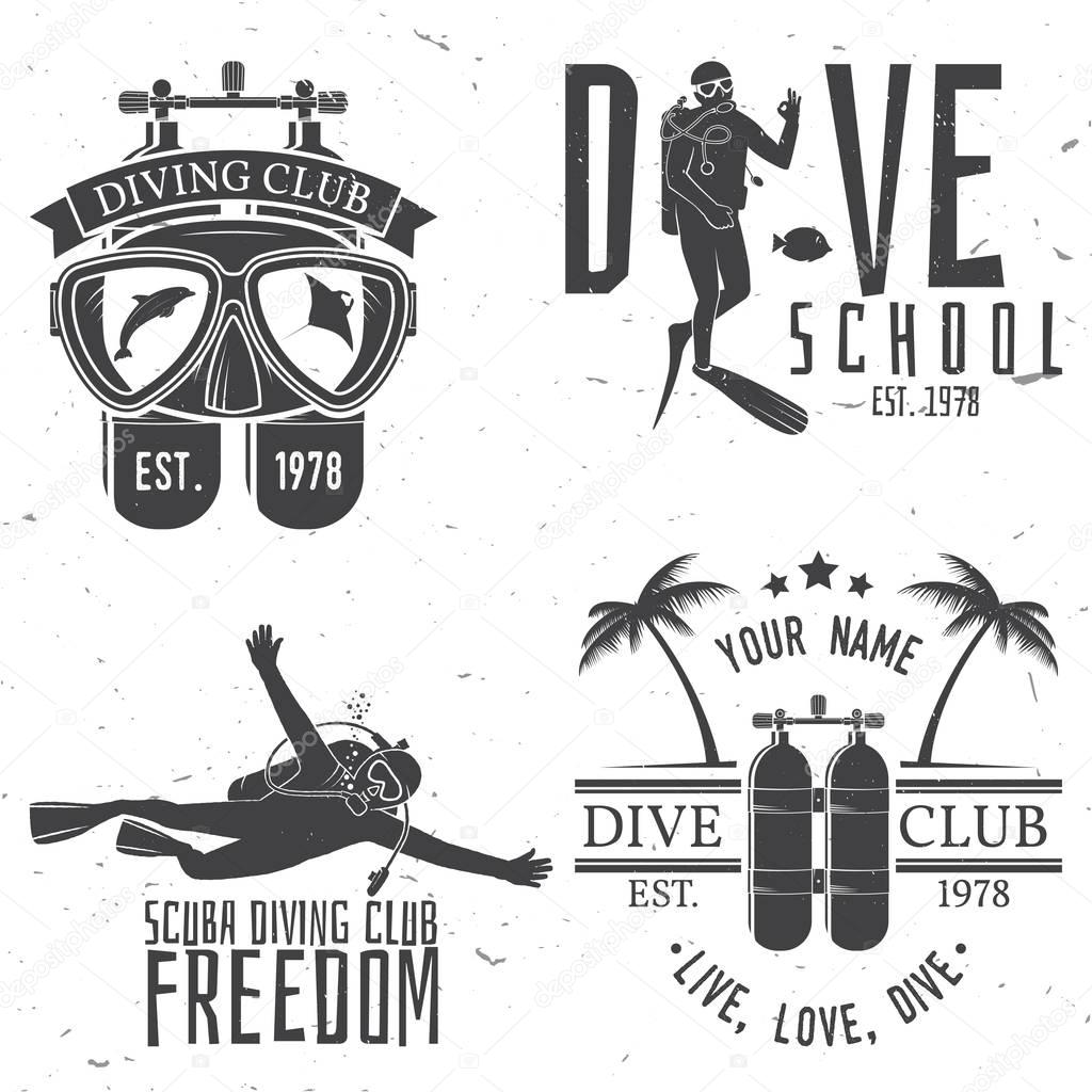 Set of Scuba diving club and diving school design. Vector illustration. Concept for shirt or logo, print, stamp or tee. Vintage typography design with diving gear silhouette.
