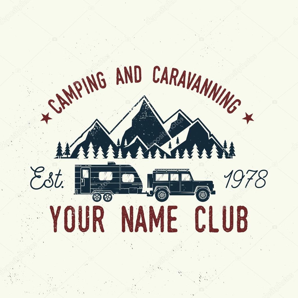Camper and caravaning club. Vector illustration. Concept for shirt or logo, print, stamp or tee. Vintage typography design with Camper trailer and mountain silhouette.