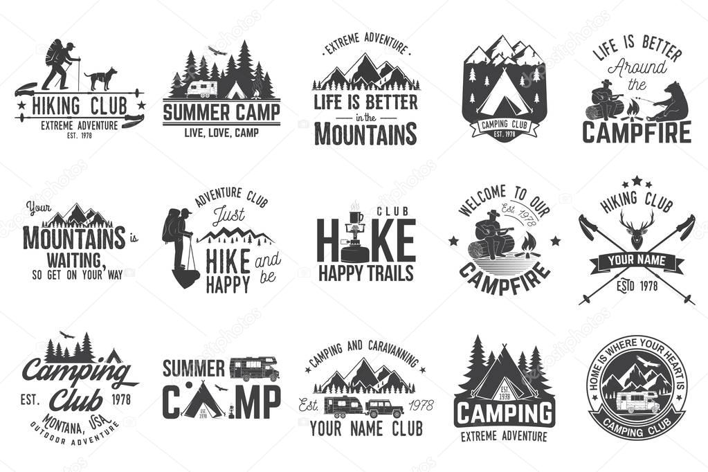 Summer camp and hiking club with design elements. Vector illustration. Set of extreme adventure badges. Vintage typography design with rv trailer, camping tent, man with guitar and forest silhouette.