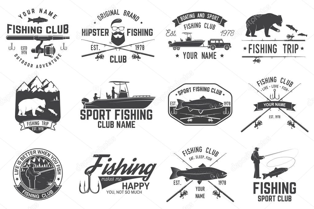 Fishing club. Vector illustration. Concept for shirt or logo, print, stamp or tee. Vintage typography design with fish rod silhouette.