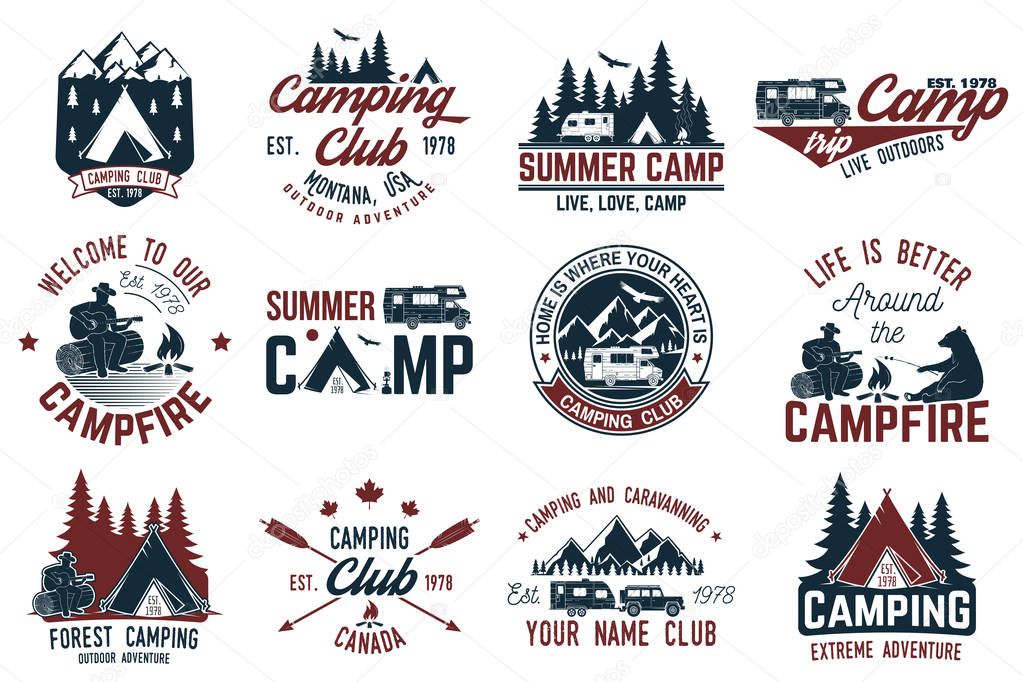 Summer camp. Vector illustration. Concept for shirt or logo, print, stamp or tee. Vintage typography design with rv trailer, camping tent, campfire, bear, man with guitar and forest silhouette.