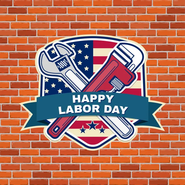 Labor day badge emblem with wrenches and American flag. — Stock Vector