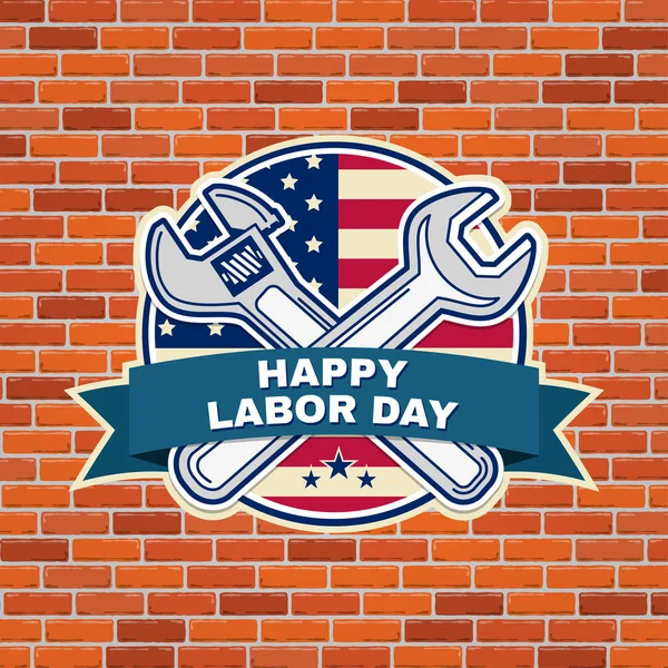 Labor day badge emblem with wrenches and American flag. — Stock Vector