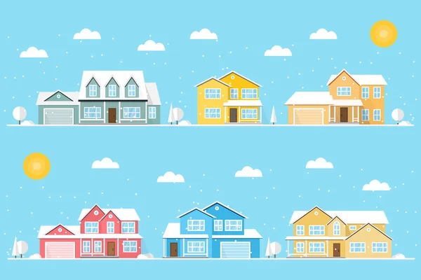 Kvarter med bostäder och snöflingor som illustreras på den blå bakgrunden. — Stock vektor