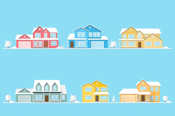 Neighborhood with homes illustrated on blue. — Stock Illustration Neighborhood with homes illustrated on blue. Royalty Free Stock Illustrations