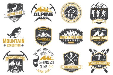 Vintage typography design with mountaineers and mountain silhouette. clipart