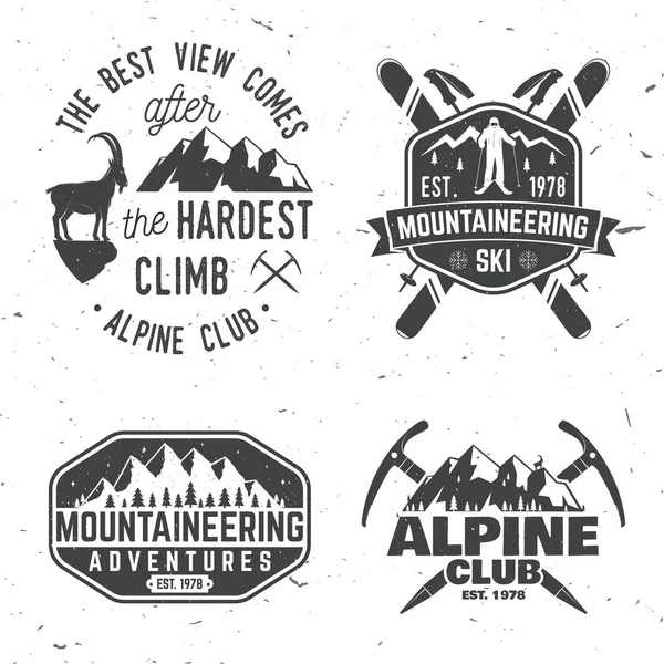 Tipografia vintage con alpinisti e silhouette di montagna . — Vettoriale Stock