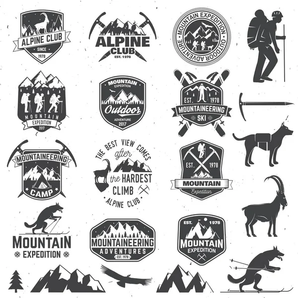 Vintage typography design with mountaineers and mountain silhouette. — Stock Vector