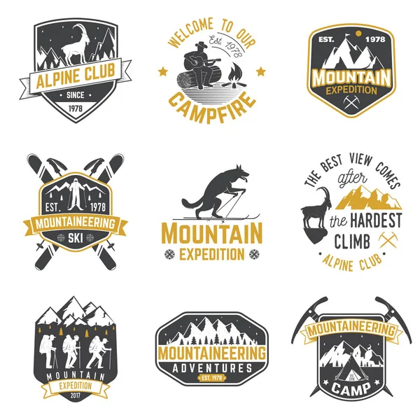Dağcıların ve dağ siluet Vintage tipografi tasarımı.