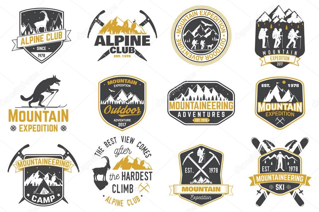 Set of mountain expedition badges. Vector. Concept for alpine club shirt or logo, print, stamp or tee. Vintage typography design with mountaineers and mountain silhouette. Outdoors adventure emblems.