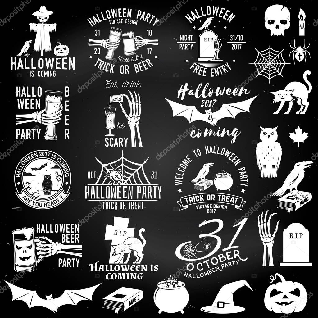 Set of Halloween party concept on the chalkboard. Halloween party retro templates, badges, seals, patches with design elements. Concept for shirt or logo, print, stamp. Typography design- stock vector.