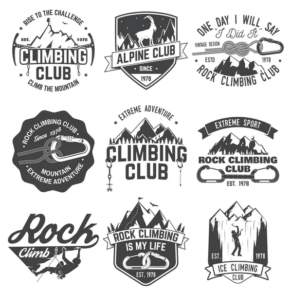 Vintage typografie design met klimmer, karabijnhaak en bergen — Stockvector