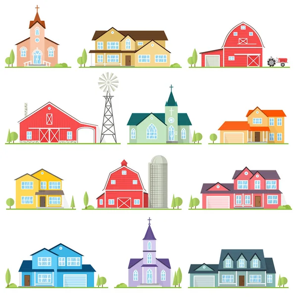 Conjunto de vector plano icono suburbano casas americanas . — Archivo Imágenes Vectoriales