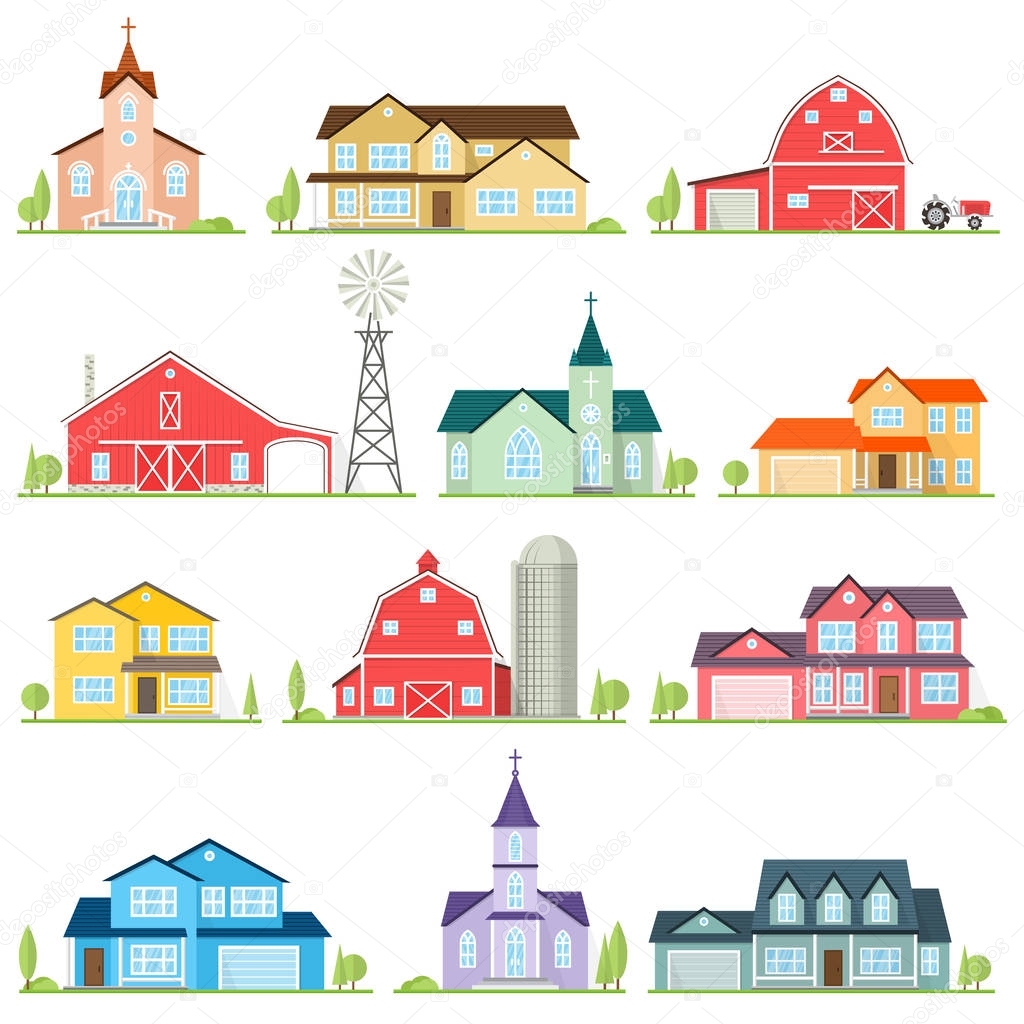 Set of vector flat icon suburban american houses.