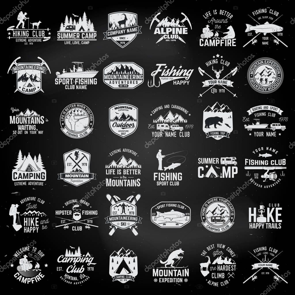 Summer camp,fishing, alpine and hiking club. Vector illustration. Set of vintage badges, labels, logos, silhouettes. Vintage typography collection with 36 items. Outdoors emblems on the chalkboard