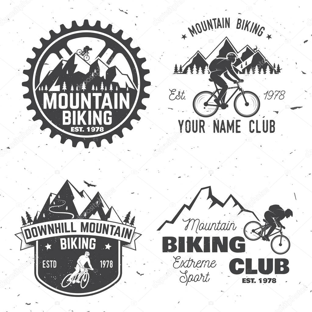 Set of Mountain biking clubs. Vector illustration. Concept for head badges, shirt, print, stamp or biking tourism. Vintage typography design with forest, mountain bikes silhouette.