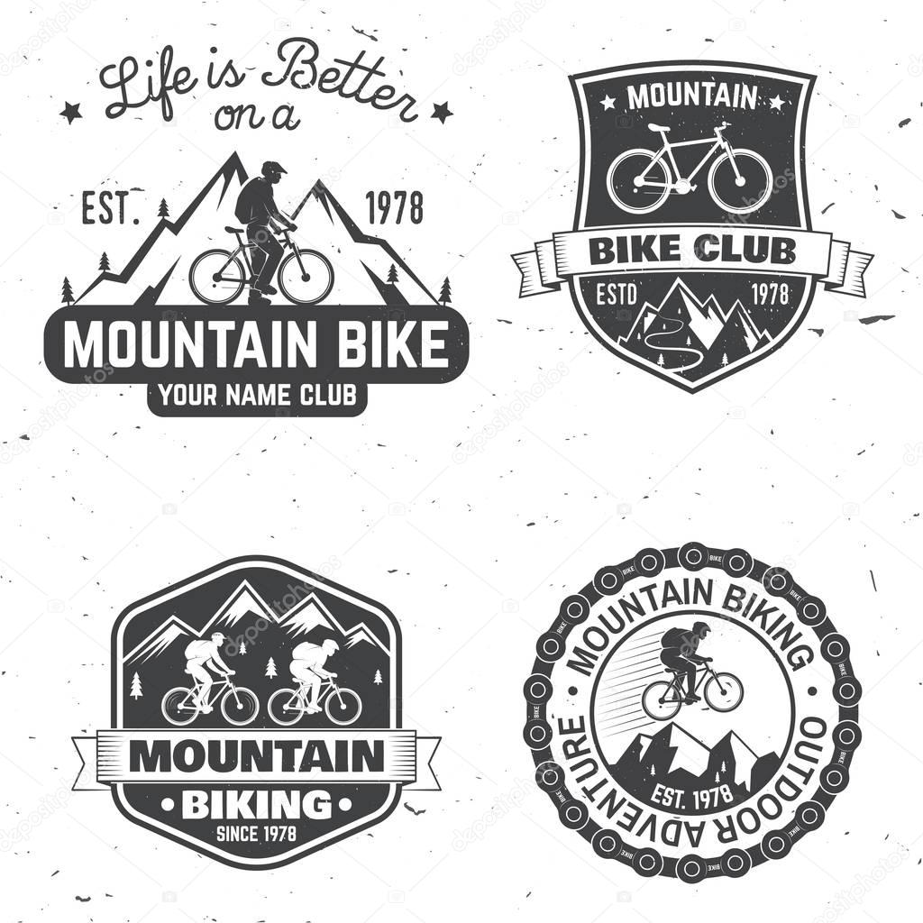 Set of Mountain biking clubs. Vector illustration. Concept for head badges, shirt, print, stamp or biking tourism. Vintage typography design with forest, mountain bikes silhouette.