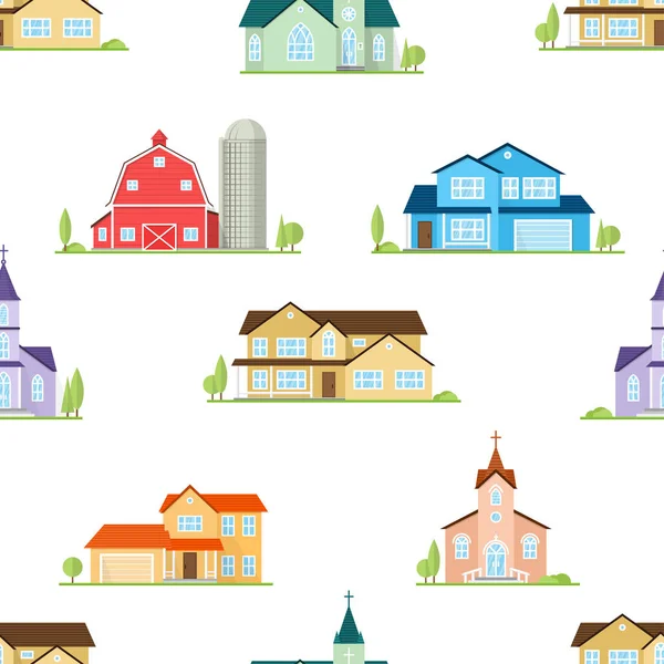 Amerikai házak, templomok és a gazdaság zökkenőmentes minta. — Stock Vector