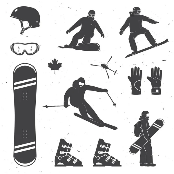 Set Wintersportausrüstung, Silhouetten von Skifahrern und Snowboardern. — Stockvektor