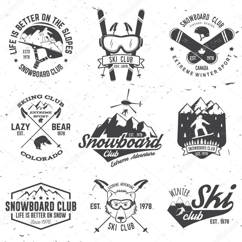 Ski and Snowboard Club emblem. Vector illustration. Concept for shirt, print, stamp, badge or tee. Vintage typography design with snowboarder and skier silhouette. Winter Extreme sport.