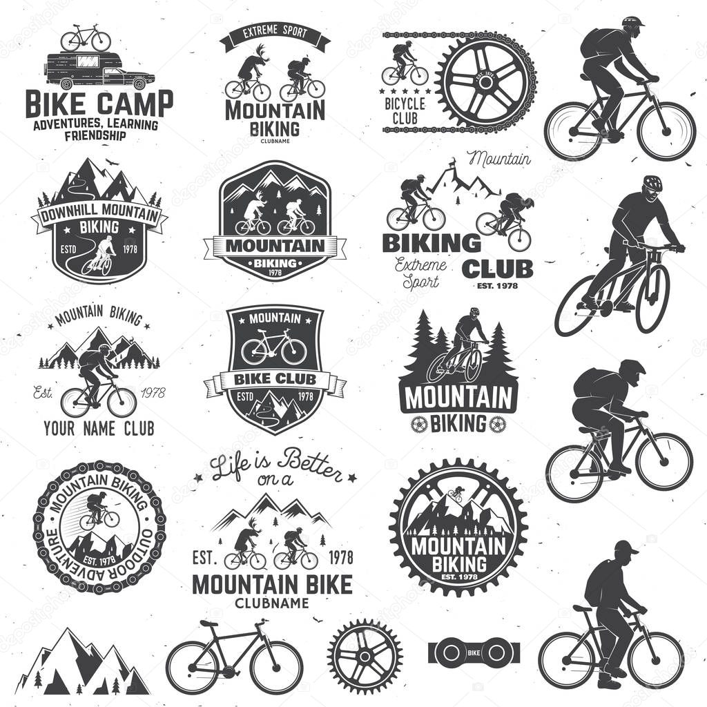 Set of Mountain biking clubs emblem with design element. Vector illustration. Concept for head badges, shirt, print, stamp. Mountain biking man riding on bikes silhouette. Outdoor sport activity.