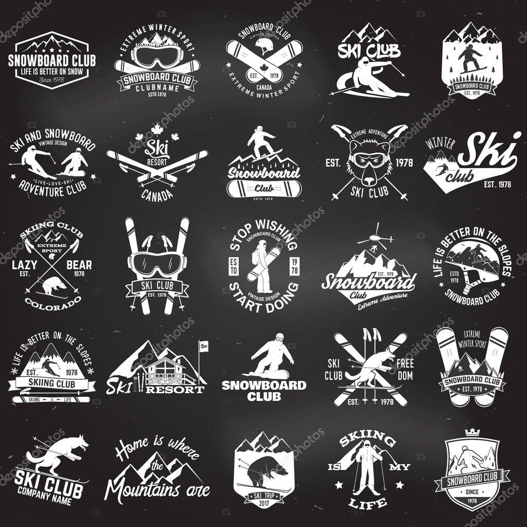 Ski and Snowboard Club emblem. Vector illustration. Concept for shirt, print, stamp, badge or tee. Vintage typography design with snowboarder and skier silhouette. Chalk drawing on a blackboard.
