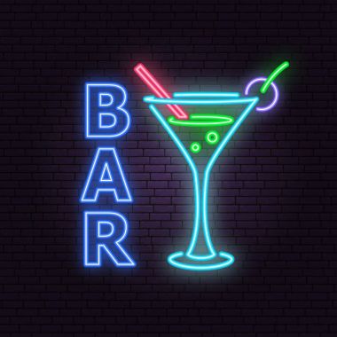 Bar ve kokteyl neon amblemi. Vektör çizim.