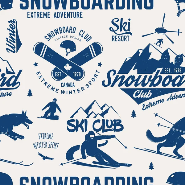 Esquí y Snowboard Club patrón sin costuras. Ilustración vectorial . — Vector de stock