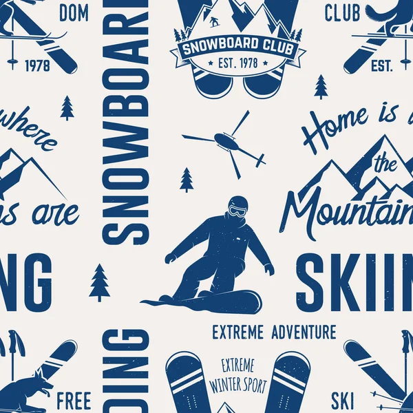 Esquí y Snowboard Club patrón sin costuras. Ilustración vectorial . — Vector de stock