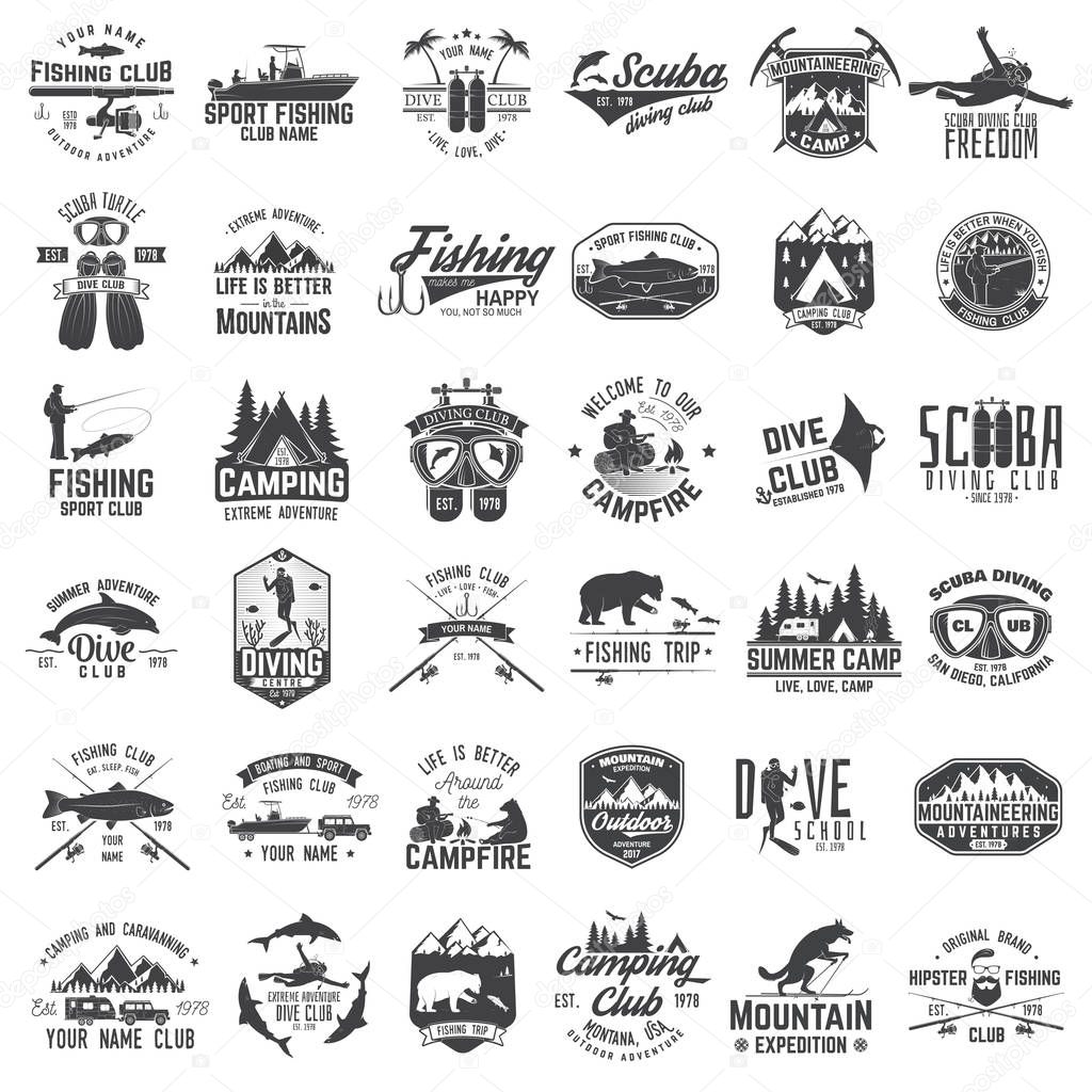 Fishing, camping and diving club with design elements. Vector illustration. Concept for shirt or logo, print, stamp or tee. Vintage typography design with fish rod silhouette.