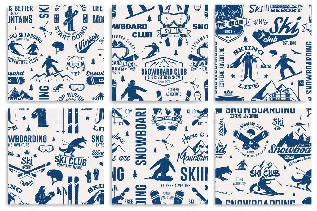 Set of Ski and Snowboard Club seamless pattern. Vector. Concept for shirt, print, stamp, badge or tee. Vintage typography design with snowboarder and skier silhouette. Winter Extreme sport.