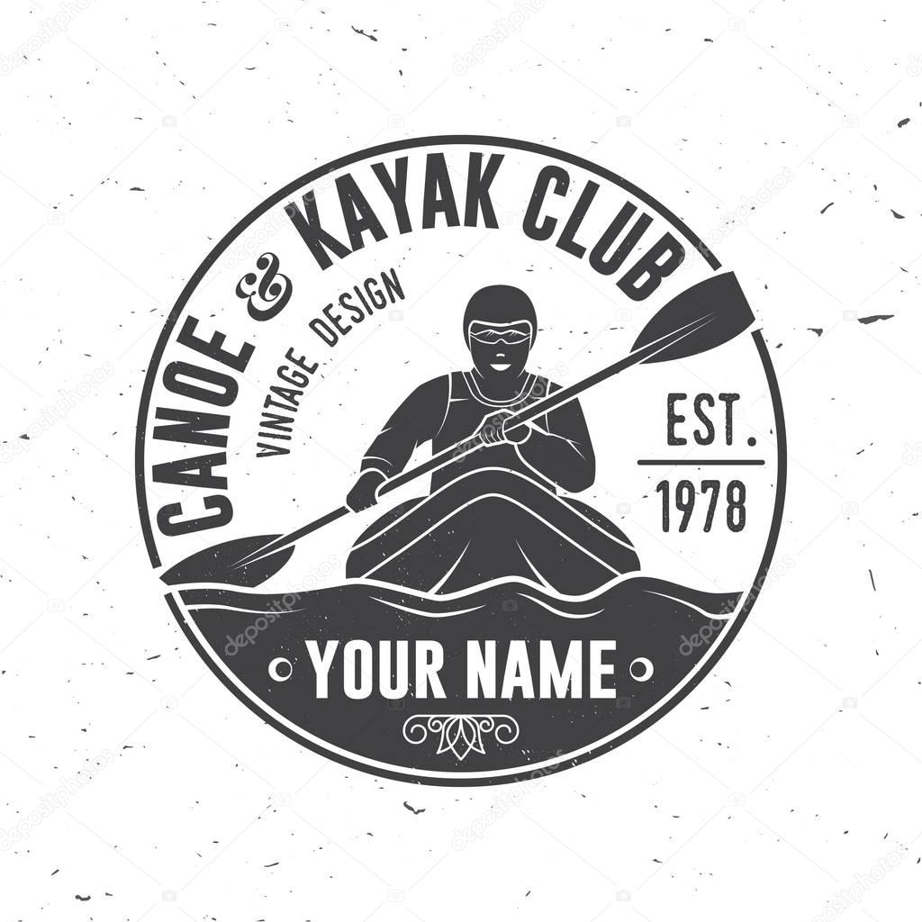 Canoe and kayak Club. Vector illustration. Concept for shirt, print, stamp or tee. Vintage typography design with kayaker silhouette. Extreme sport.