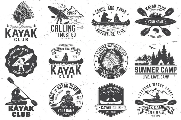Conjunto de insignias de canoa y kayak club. Ilustración vectorial . — Vector de stock