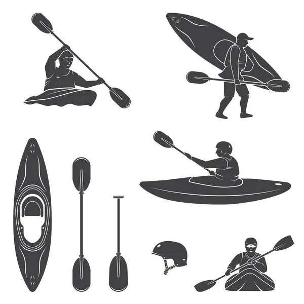 Set of extrema water sports equipment, kayaker and canoe silhouettes — Stock Vector