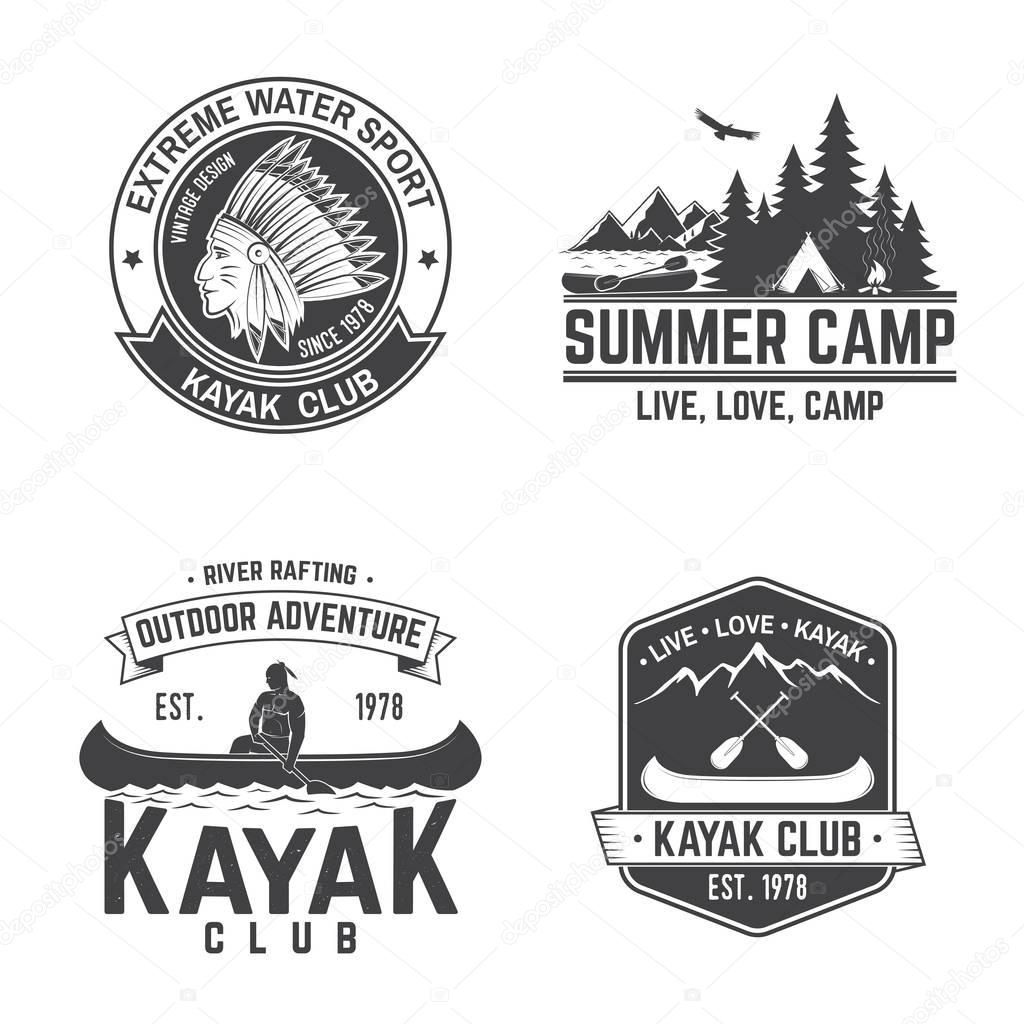 Set of kayak club badges. Vector illustration. Concept for shirt, print, stamp or tee. Vintage typography design with mountain, river and kayaker silhouette. Extreme water sport.