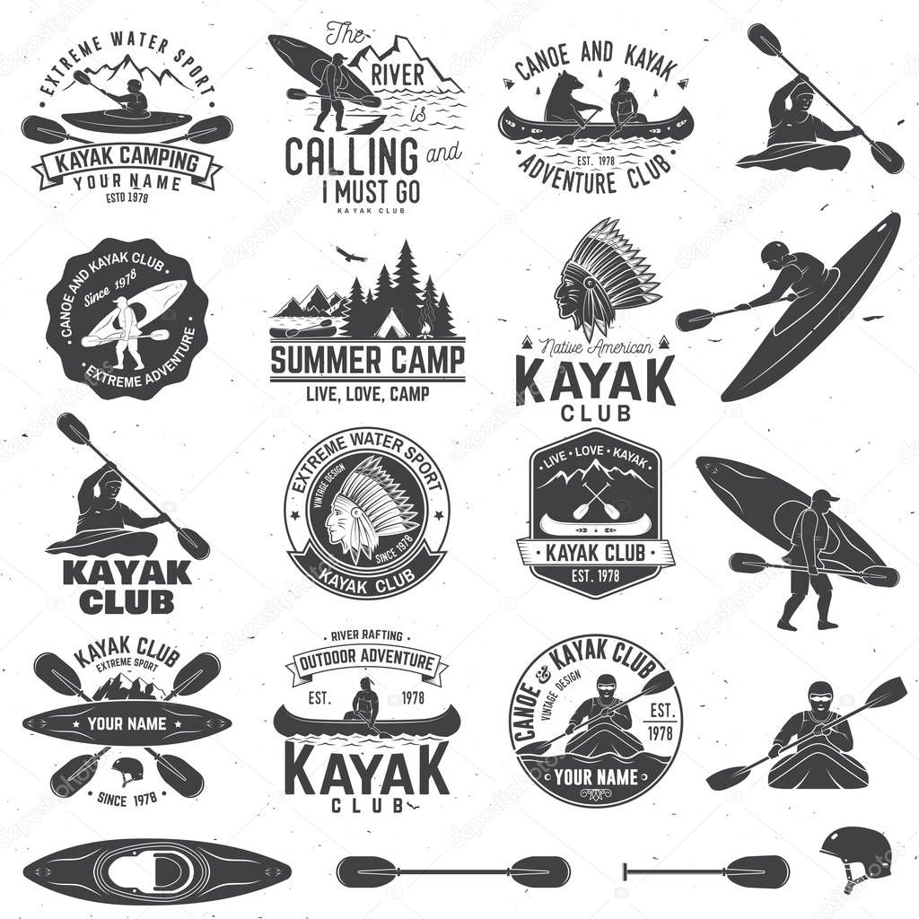 Set of canoe and kayak club badges and design element. Vector. Concept for shirt, print, stamp or tee. Vintage typography design with mountain, river, american indian and kayaker silhouette.