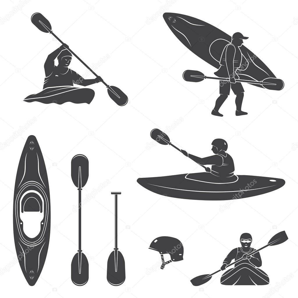 Set of extrema water sports equipment, kayaker and canoe silhouettes. Vector illustration. Collection include kayak, paddles, helmet and kayaker silhouettes.