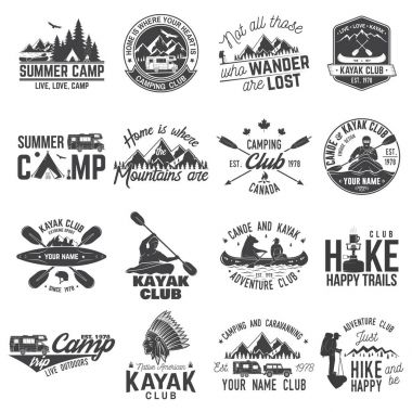 Kano, hiking, kayak ve kamp kulübü rozeti kümesi