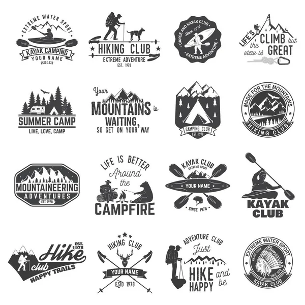 Set van kano, hiking, kajak en camping club badge — Stockvector