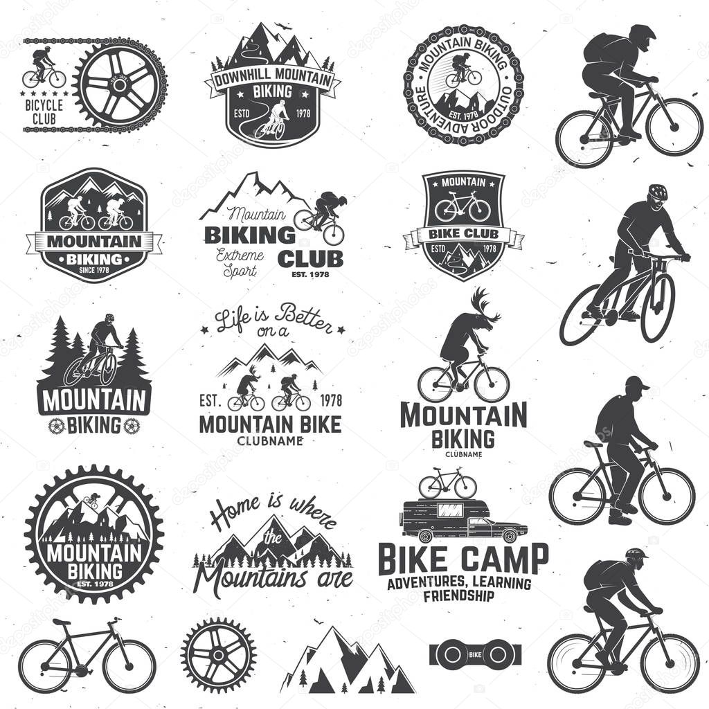 Set of Mountain biking clubs emblem with design element. Vector illustration. Concept for head badges, shirt, print, stamp. Mountain biking man riding on bikes silhouette. Outdoor sport activity.