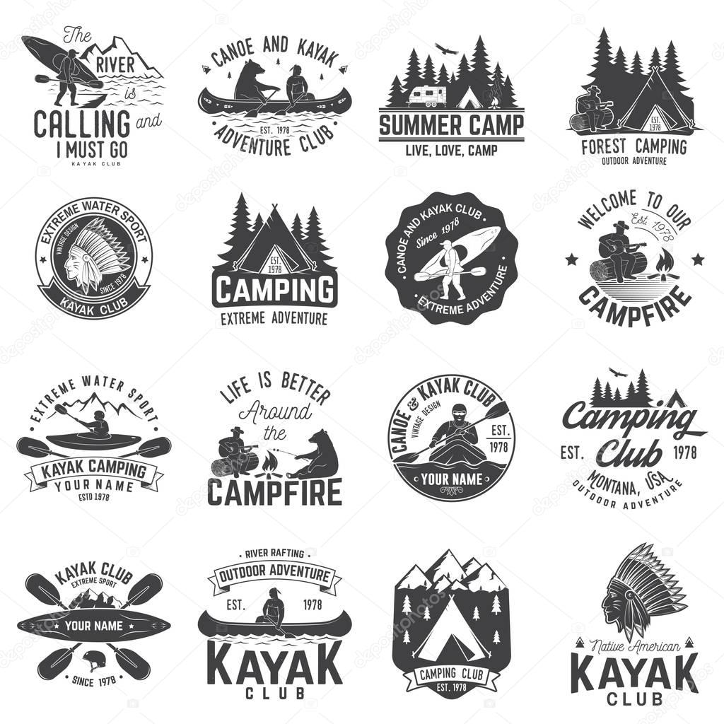 Set of canoe, kayak and camping club badge. Vector illustration. Concept for shirt, print, stamp or tee. Vintage typography design with mountain camp and kayaker silhouette. Extreme adventure.