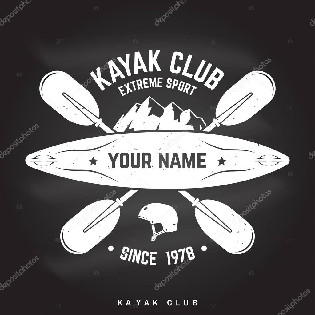 Kayak Club bafde on the chalkboard. Vector illustration. Concept for shirt, print, stamp or tee. Vintage typography design with mountain, helmet and boat silhouette. Extreme sport.