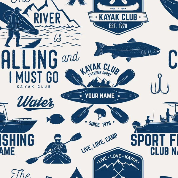 Canoe, Kayak and fishing Club seamless pattern. — Stock Vector