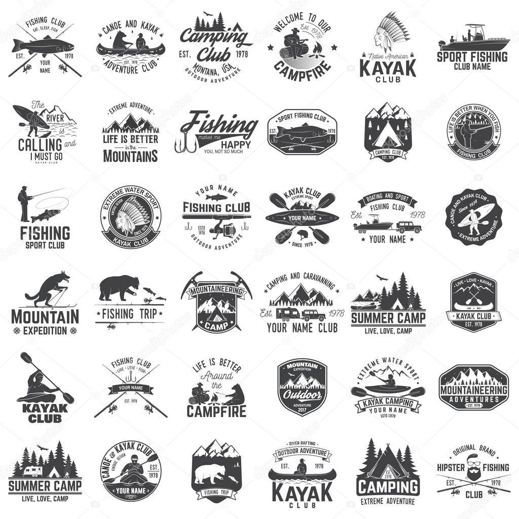 Set of canoe, kayak, fishing and camping club badge. Vector illustration. Concept for shirt, print, stamp or tee. Vintage typography design with mountain camp and kayaker silhouette. Extreme adventure