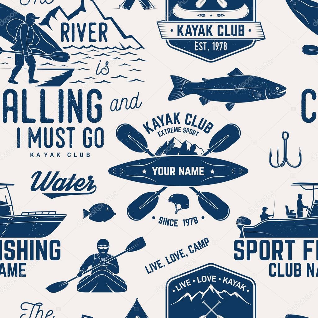 Canoe, Kayak and fishing Club seamless pattern. Vector illustration. Concept for shirt, print, stamp, badge or tee. Vintage typography design with kayaker and fisher silhouette. Water Extreme sport.
