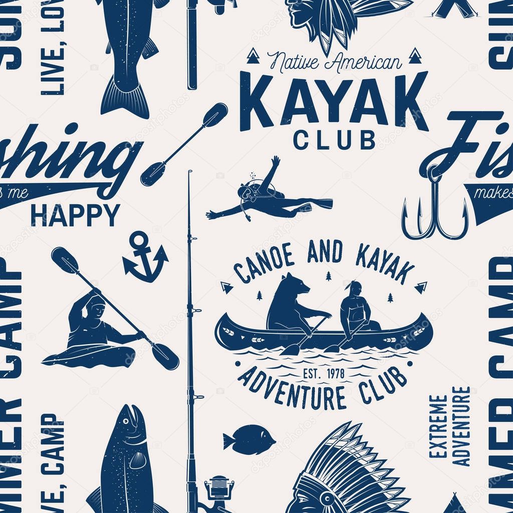 Canoe, Kayak and fishing Club seamless pattern. Vector illustration. Concept for shirt, print, stamp, badge or tee. Vintage typography design with kayaker and fisher silhouette. Water Extreme sport.