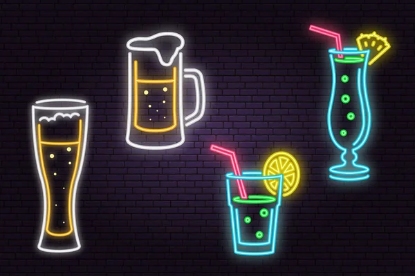 Conjunto de neon Beer e Cocktail sinal no fundo da parede de tijolo . —  Vetores de Stock