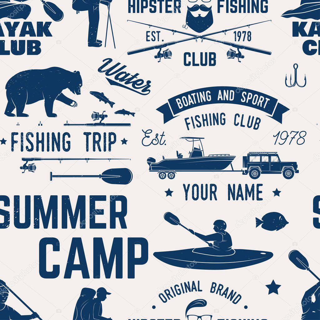 Canoe, Kayak and fishing Club seamless pattern. Vector illustration. Concept for shirt, print, stamp, badge or tee. Vintage typography design with kayaker and fisher silhouette. Water Extreme sport.