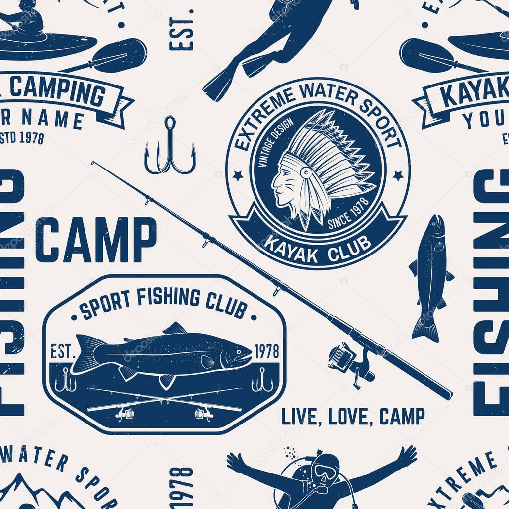 Canoe, Kayak and fishing Club seamless pattern. Vector illustration. Concept for shirt, print, stamp, badge or tee. Vintage typography design with kayaker and fisher silhouette. Water Extreme sport.