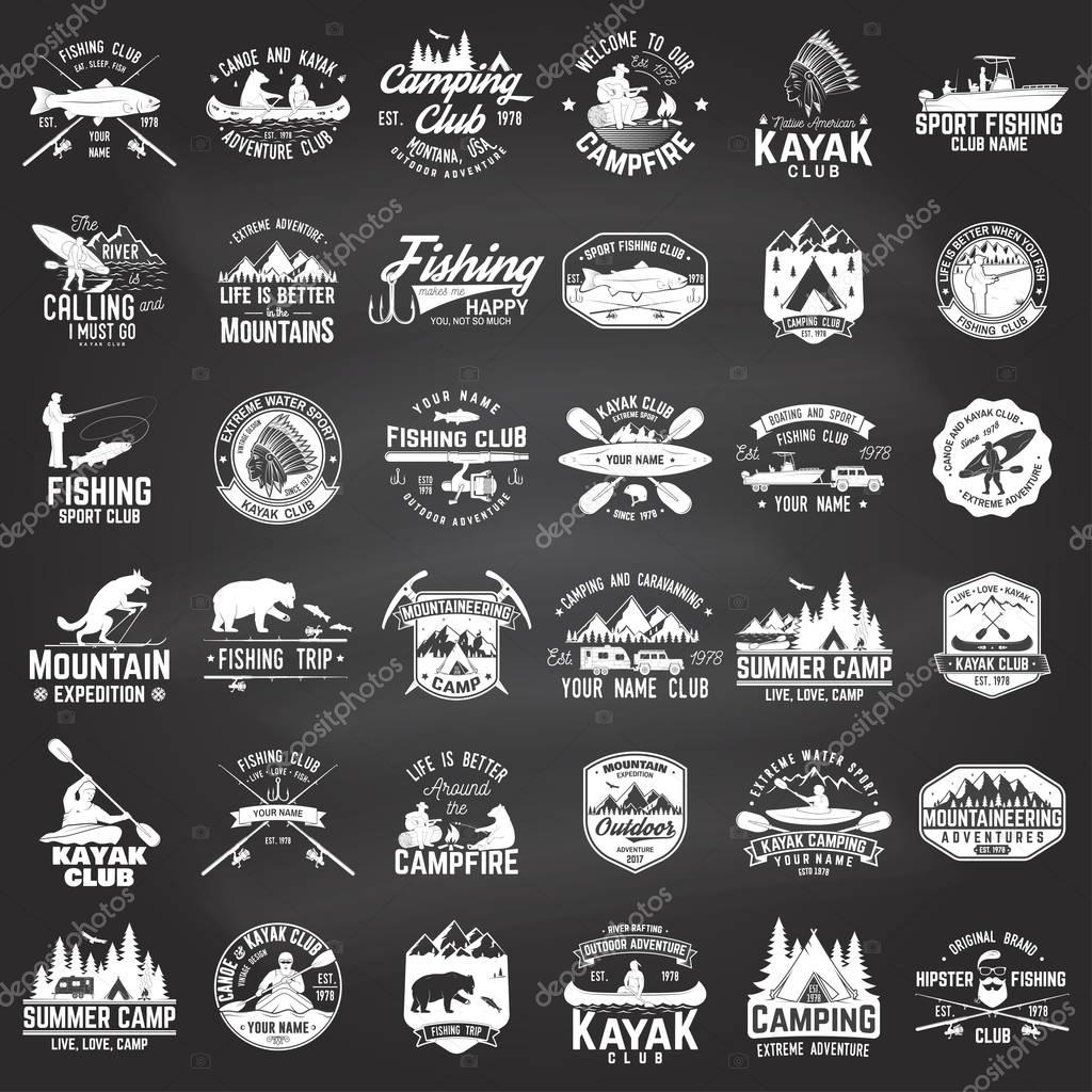 Set of canoe, kayak, fishing and camping club badge on the chalkboard. Vector. Concept for shirt, print, stamp or tee. Vintage design with fisher, mountain camp, kayaker silhouette. Extreme adventure